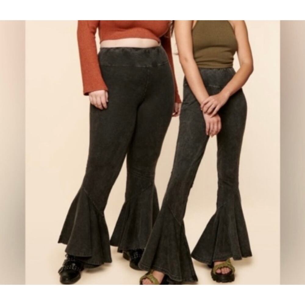 Earthbound Sz XXL Flower Child Flare Pants Bell Bottom Washed Black Boho Hippie